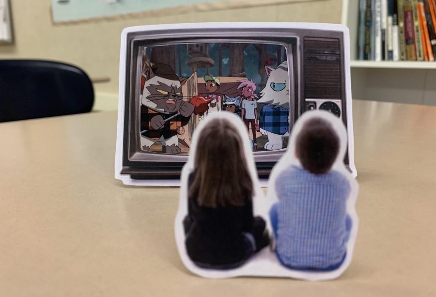 Image cut-out of two children watching a cartoon on a television.