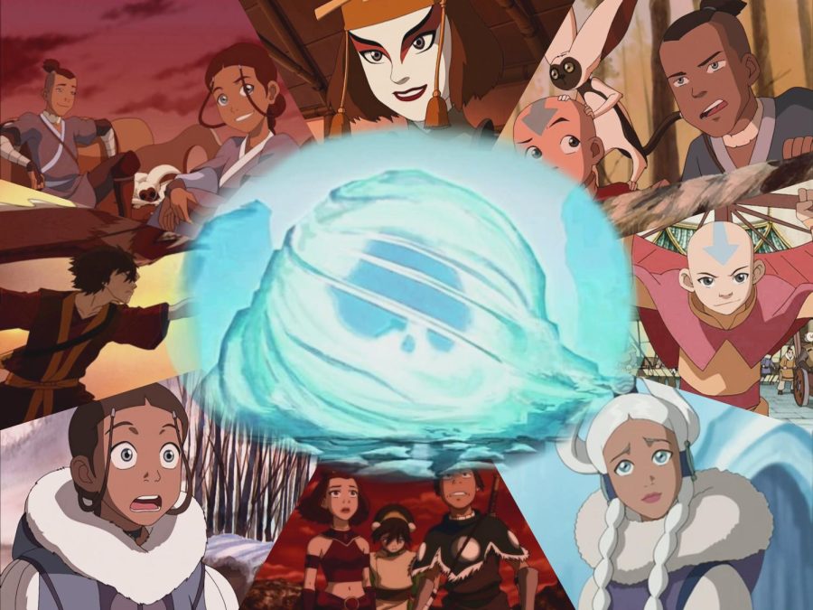 Compilation of screenshots from Avatar: The Last Airbender. Characters featured include Katara, Sokka, Aang, Zuko, Suki, Yue, and Toph. At the center is the iconic iceberg from which Aang was discovered.