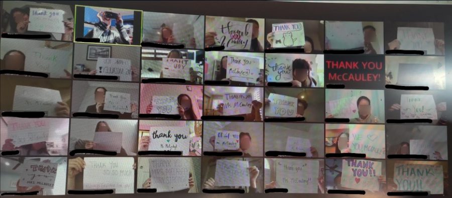 HBHS students hold up Thank You signs for their English teacher. Photography by: Leah McCauley. 