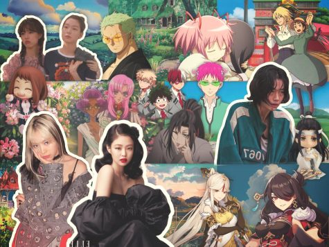 A collage of characters and people from various forms of East Asian media such as anime, donghua, K-Pop idols, K-Dramas, and video games. The backdrop is an amalgam of Studio Ghibli scenery.