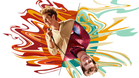 Split-image of Andrew Garfield as Peter Parker and as Spiderman against an abstract background.