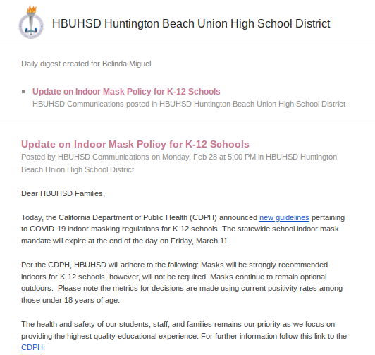 Email from HBUHSD informing staff, students, and teachers about the updated mask requirements. Photographed by Belinda Miguel.