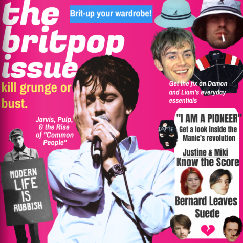 Teen magazine inspired collage of the major Britpop figures. Featuring Damon Albarn and Graham Coxon of Blur, Liam Gallagher of Oasis, James Dean Bradfield of  Manic Street Preachers, Miki Berenyi of Lush Justine Frischmann of Elastica, and Bernard Butler and Brett Anderson of Suede. (Photography by: Sienna Schoales)