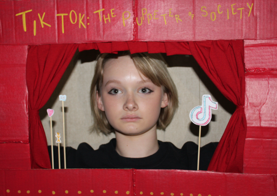High school, Ollie Hart, student sits behind the walls of a puppet show; on one side theres a TikTok logo and the other a heart, person, and book (Picture by: Izzy Vosper)