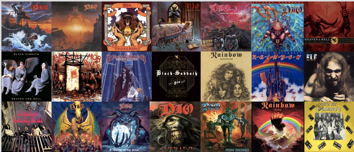 A collection of all the major studio albums featuring front man Dio with various bands like Heaven and Hell, Black Sabbath, and Rainbow.