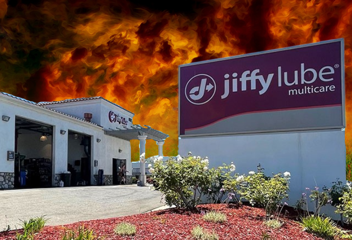 A Jiffy Lube Edited into a Fiery-Scape. (Photo By: Toby Hodne) Oil Change Places in Huntington Beach By Jiffy Lube is licensed under CC BY-ND 2.0. 