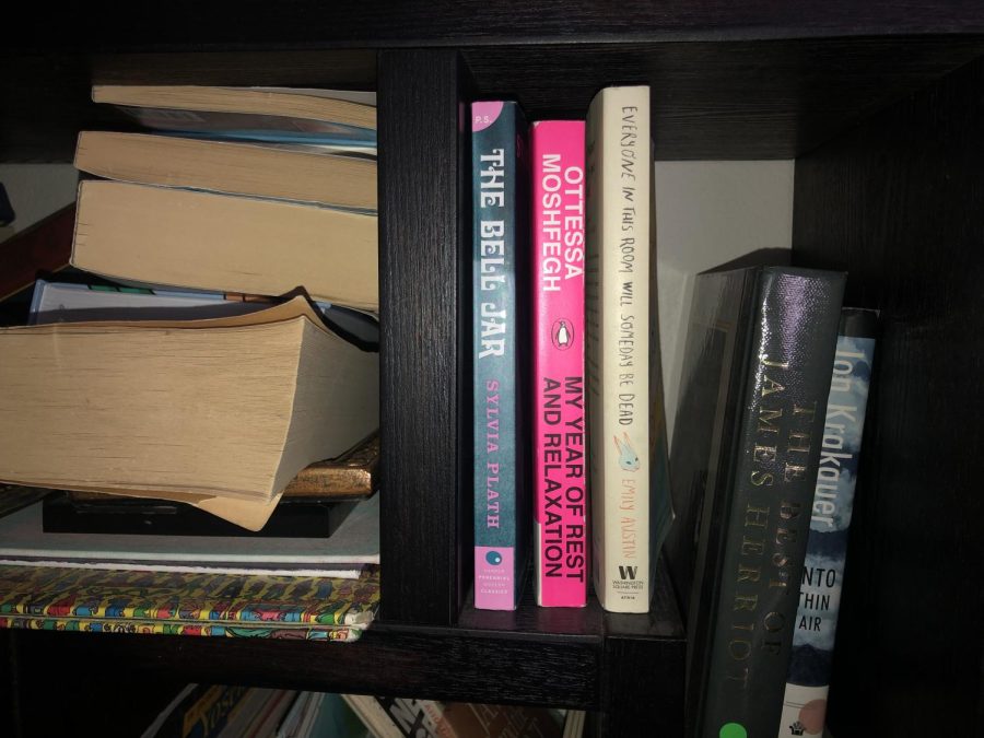Plath, Moshfegh, and Austins brilliant paperback novels on a bookshelf. Photography by: Lila Concepcion