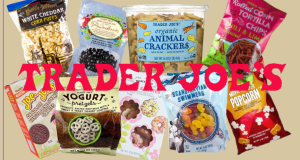 A collage of Trader Joes snacks that include the famous Trader Joes  talkies, Scandinavian Swimmers, and power-berries (Photography by: Ollie Hart)