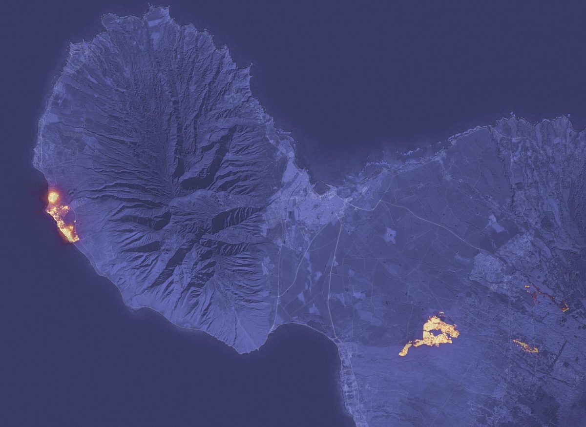 The wildfires in Maui depicted by an infrared satellite at 10:25 HST 