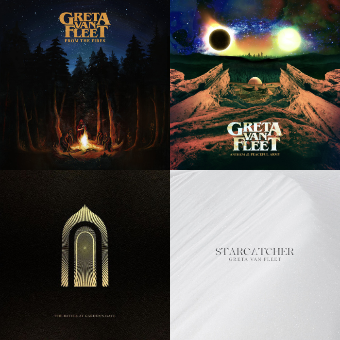 Greta Van Fleets four albums (LR): From the Fires, Anthem Of The Peaceful Army, The Battle at Gardens Gate and Starcatcher.