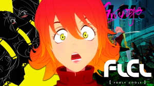 Haruko Haruhara from FLCL, with the posters of "FLCL Shoegaze" and "FLCL Grunge" in the background. (Picture by Rylan Lenihan).