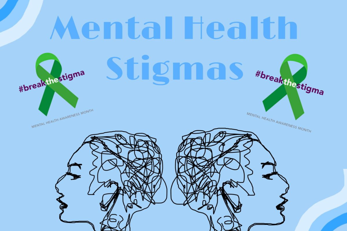An+image+with+two+green+ribbons+that+read%2C+%23breakthestigma+%2F+Mental+Health+Awareness+Month+and+two+female+silhouettes+with+scribbled+brains+to+promote+mental+health+stigmas.