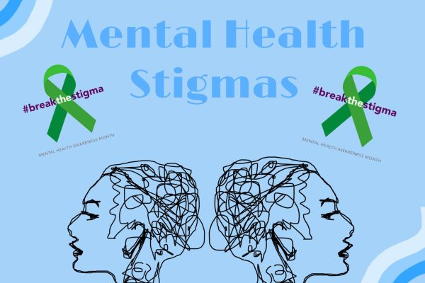 An image with two green ribbons that read, #breakthestigma / Mental Health Awareness Month and two female silhouettes with scribbled brains to promote mental health stigmas.
