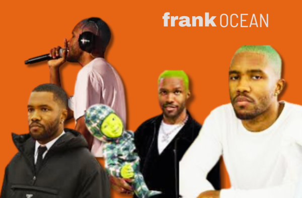 An assortment of different photos of Frank Ocean behind an orange background.
