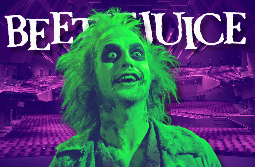 Beetlejuice with the Segerstrom Hall in the background of the picture.