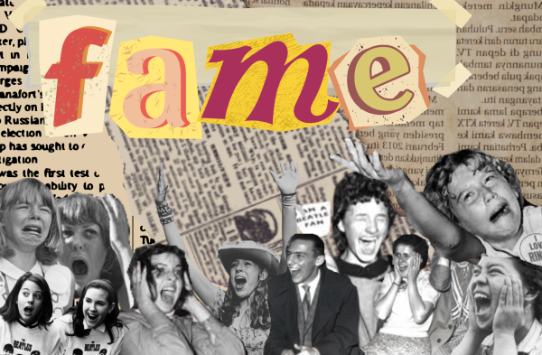 A collage of fans from across the decades as they reach toward the word fame. 