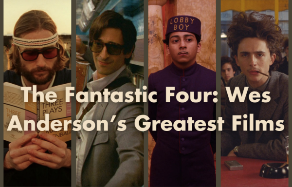 Four featured Wes Anderson films and iconic characters, (left to right) Luke Wilson as Richie Tenenbaum, Adrien Brody as Peter L. Whitman, Tony Revolori as Zero and Timothée Chalamet as Zeffirelli.