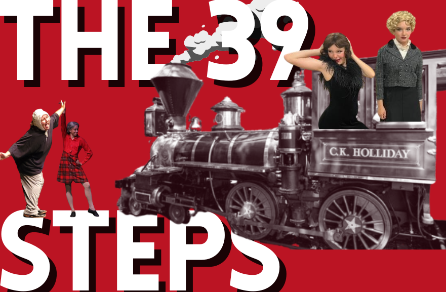 A collage of "The 39 Steps" characters,  Pamala Edwards and Annabella Schmidt, popping out of a train car (Photography by: Izzy Vosper)