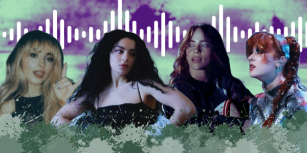 Graphic of artists (LR): Sabrina Carpenter, Charli XCX, Billie Eilish and Chappell Roan.