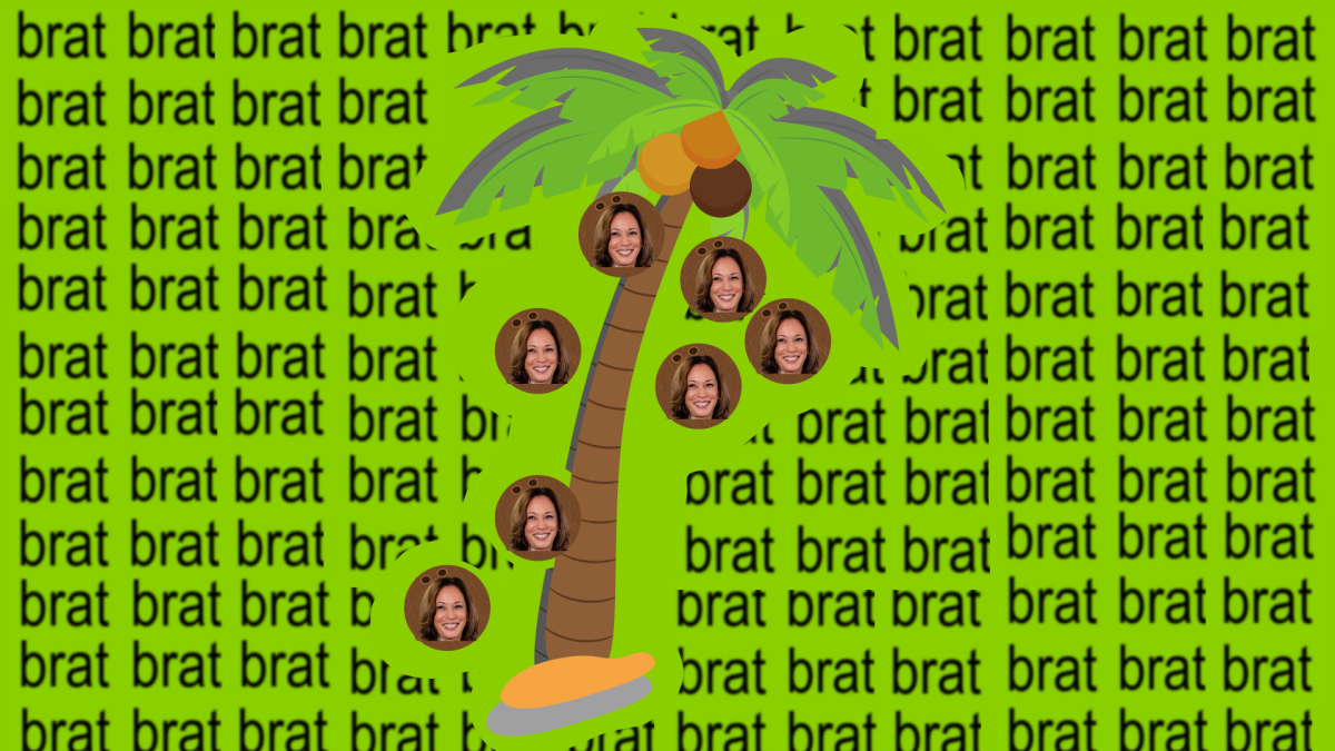 Collage of Kamala Harris falling out of a coconut tree with the word "brat" repeated in the background.