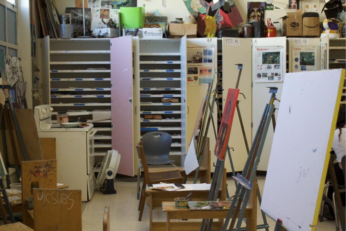 The art room at HBHS with easels, paints, and work in progress pictures