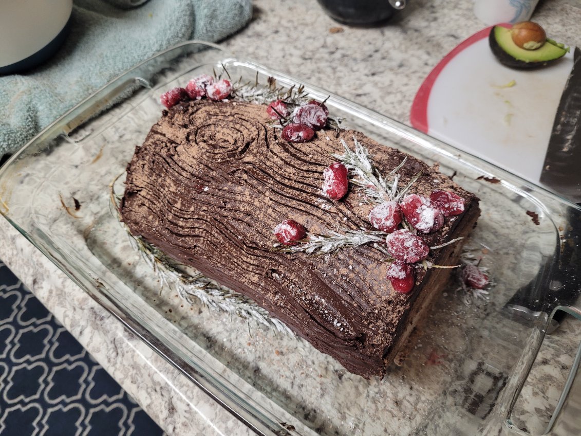 A delicious making of Bûche de Noël topped with candied cranberries and chocolate ganache.