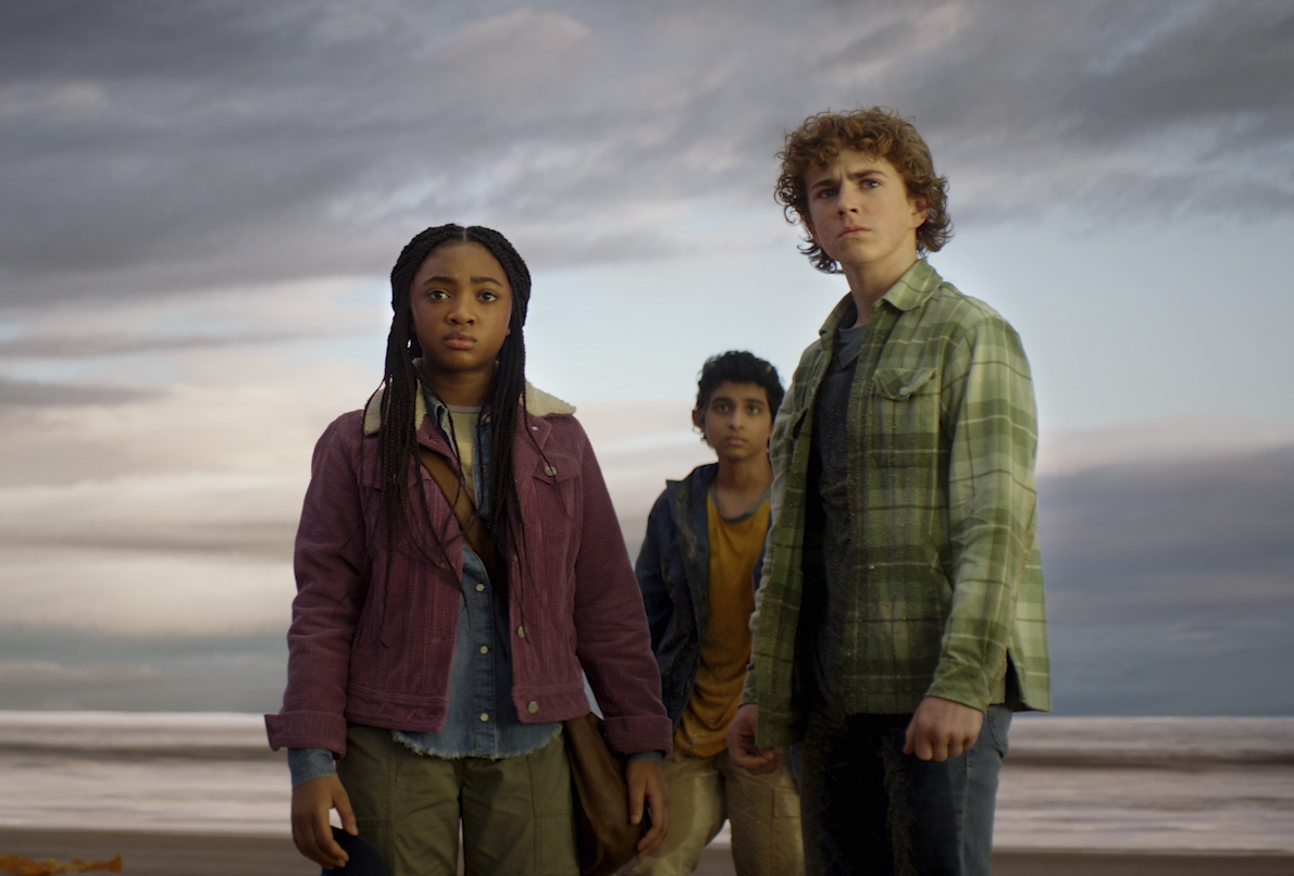 Disney's PERCY JACKSON AND THE OLYMPIANS stars-Walker Scobell as Percy Jackson, Leah Sava Jeffries as Annabeth Chase, and Aryan Simhadri as Grover.