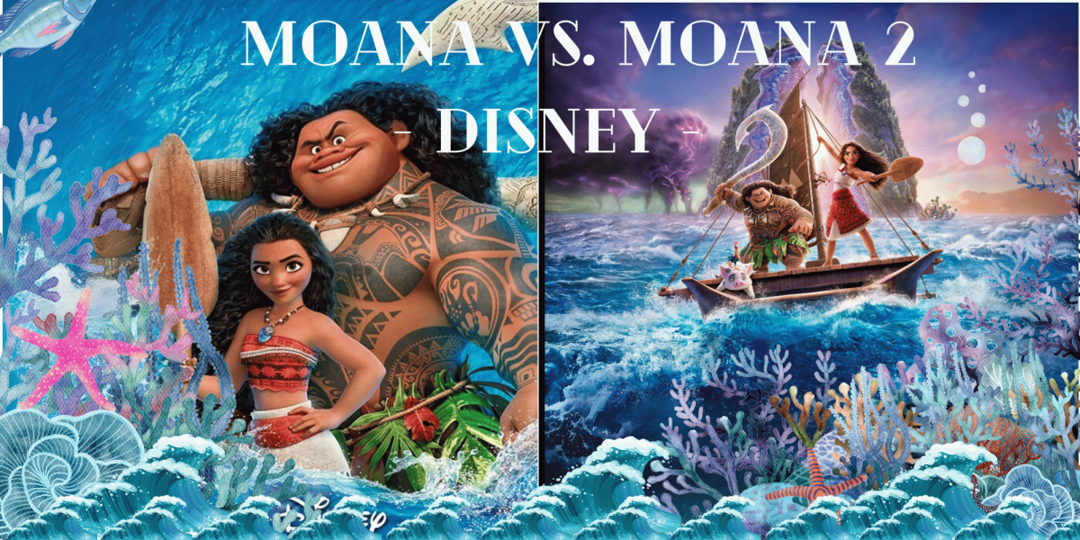 Collage of the cover art for “Moana” and “Moana 2” side-by-side comparison. 