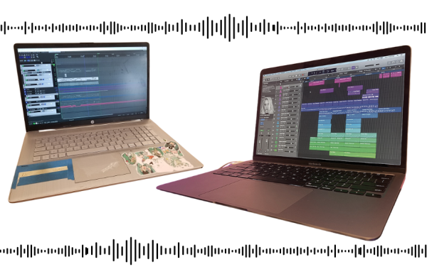 A windows laptop running Reaper (left) and a Macbook running Logic Pro (right). 