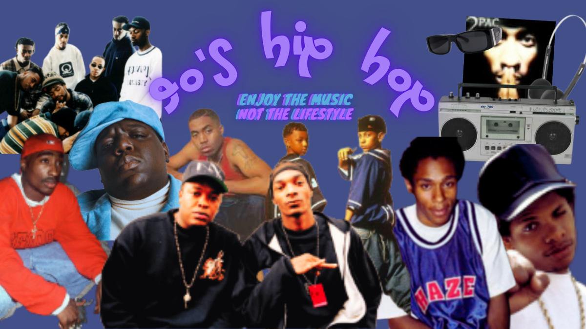 Collage of many '90s Hip Hop artists, '90s electronics, etc.