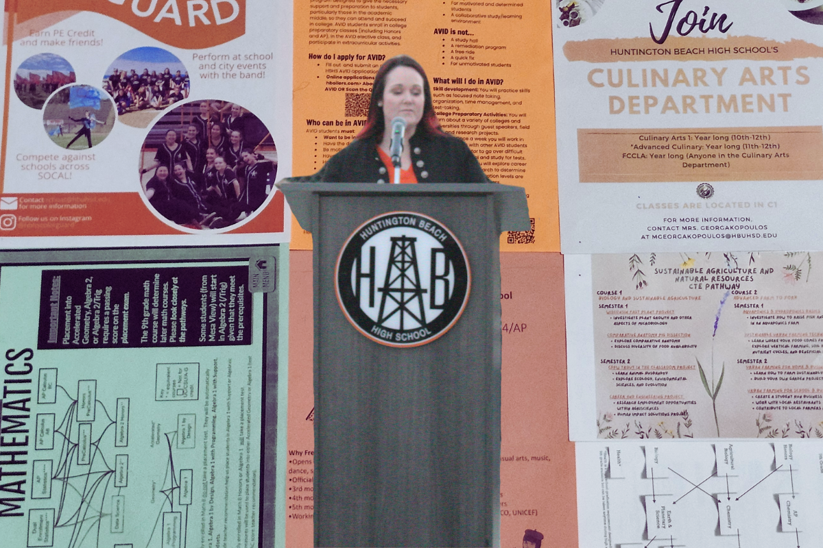 Collage of the principal, Brenna Orr, giving her opening speech with a background of flyers.