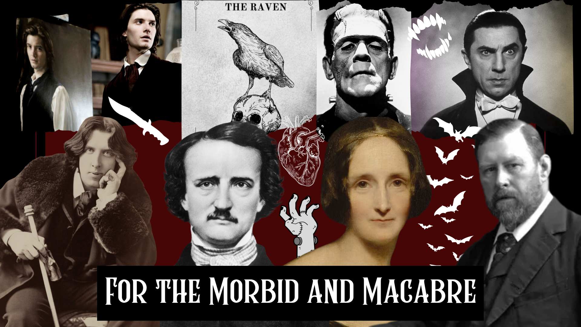 A collage containing four big authors of the Gothic genre and their most popular works. From left to right, it's Oscar Wilde ("The Picture of Dorian Gray"), Edgar Allan Poe ("The Raven"), Mary Shelley ("Frankenstein"), and Bram Stoker ('Dracula").