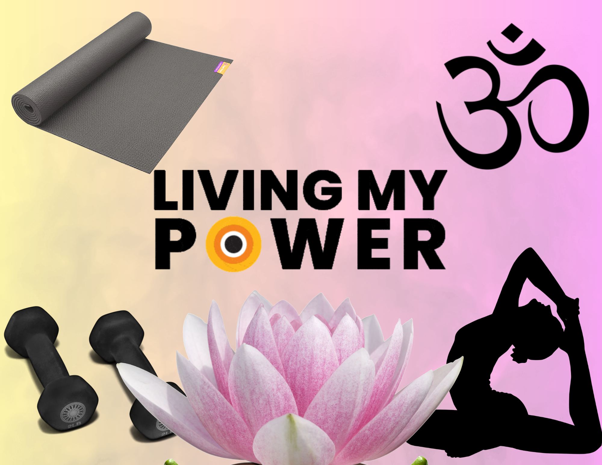 A collage with Corepower yoga slogan, yoga mat, a lotus flower, weights and silhouette of a Yoga pose. 