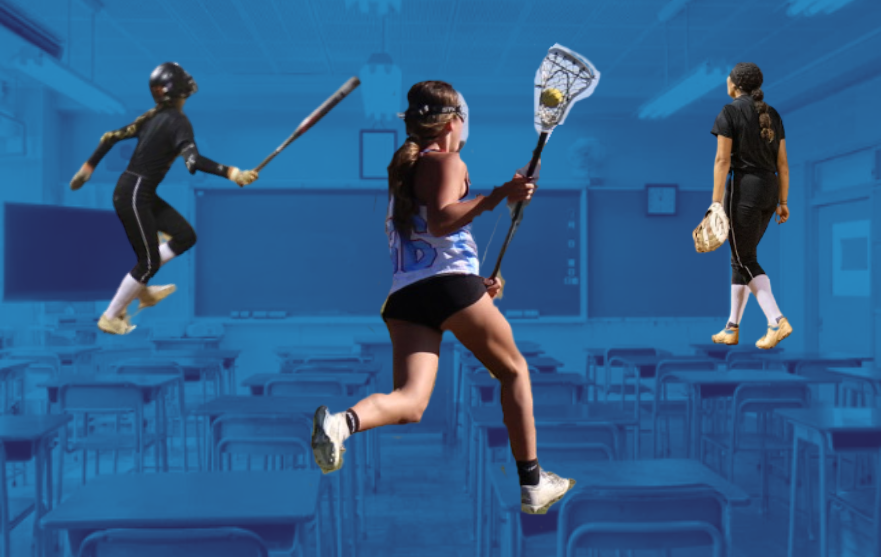 Three athletes are shown playing softball and lacrosse layered over a classroom setting. 