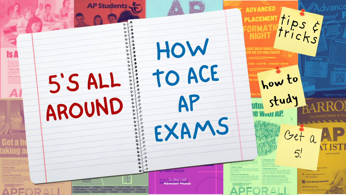 A collage of colorful AP exam posters behind an open notebook. 