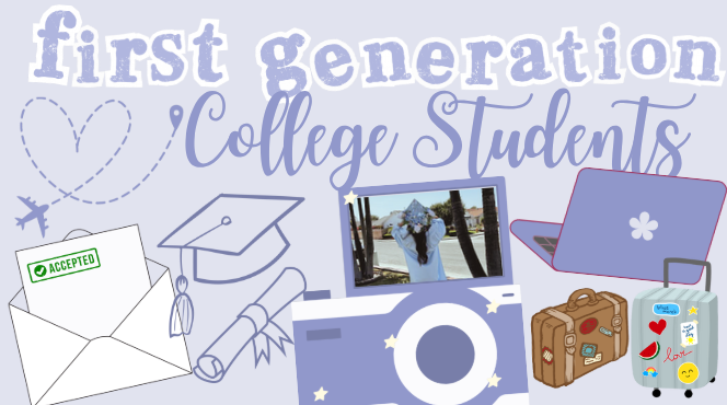 Collage containing: acceptance letter, a cap and diploma, digital camera picturing Justice Yim, a laptop, and luggages.