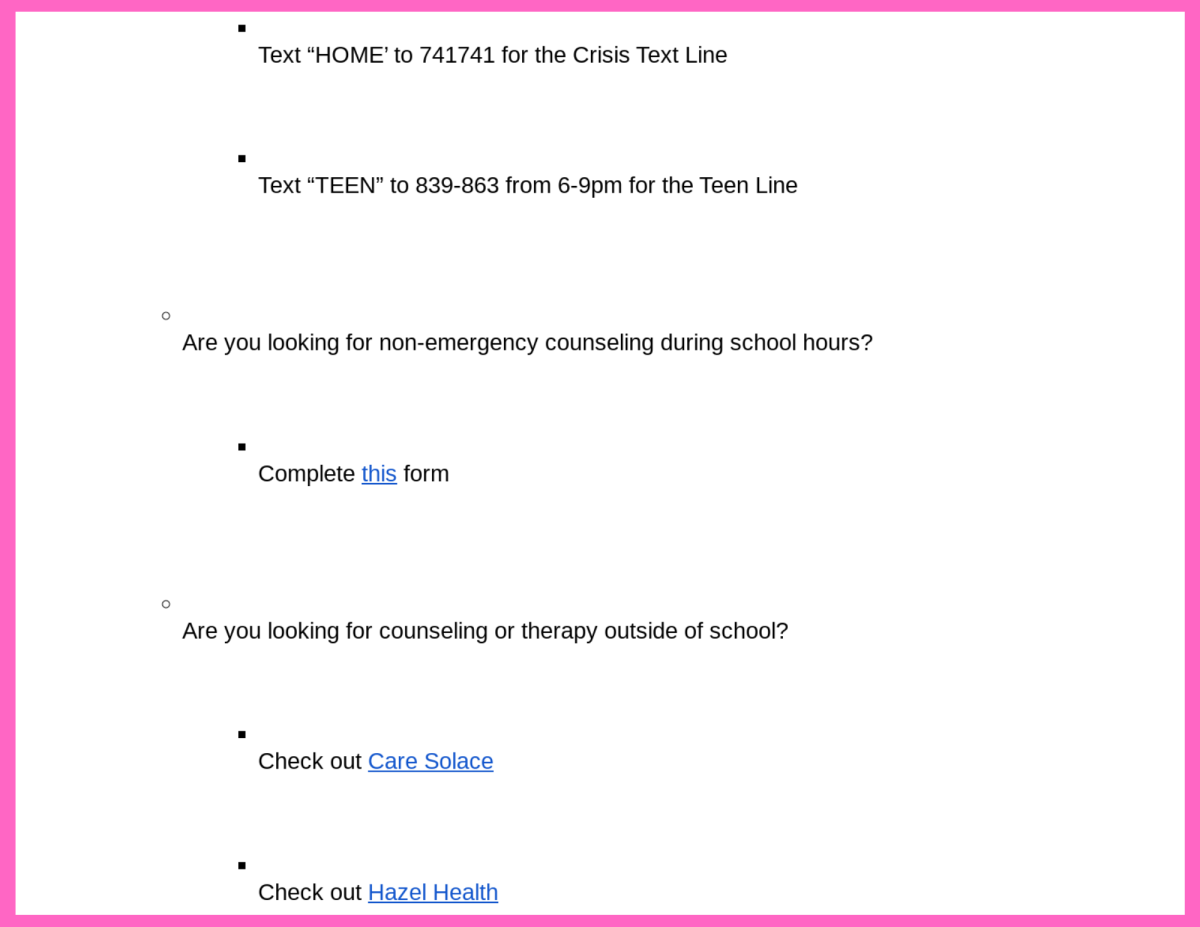 A screen shot of the different links on the HBHS website for students if they need mental health support. 