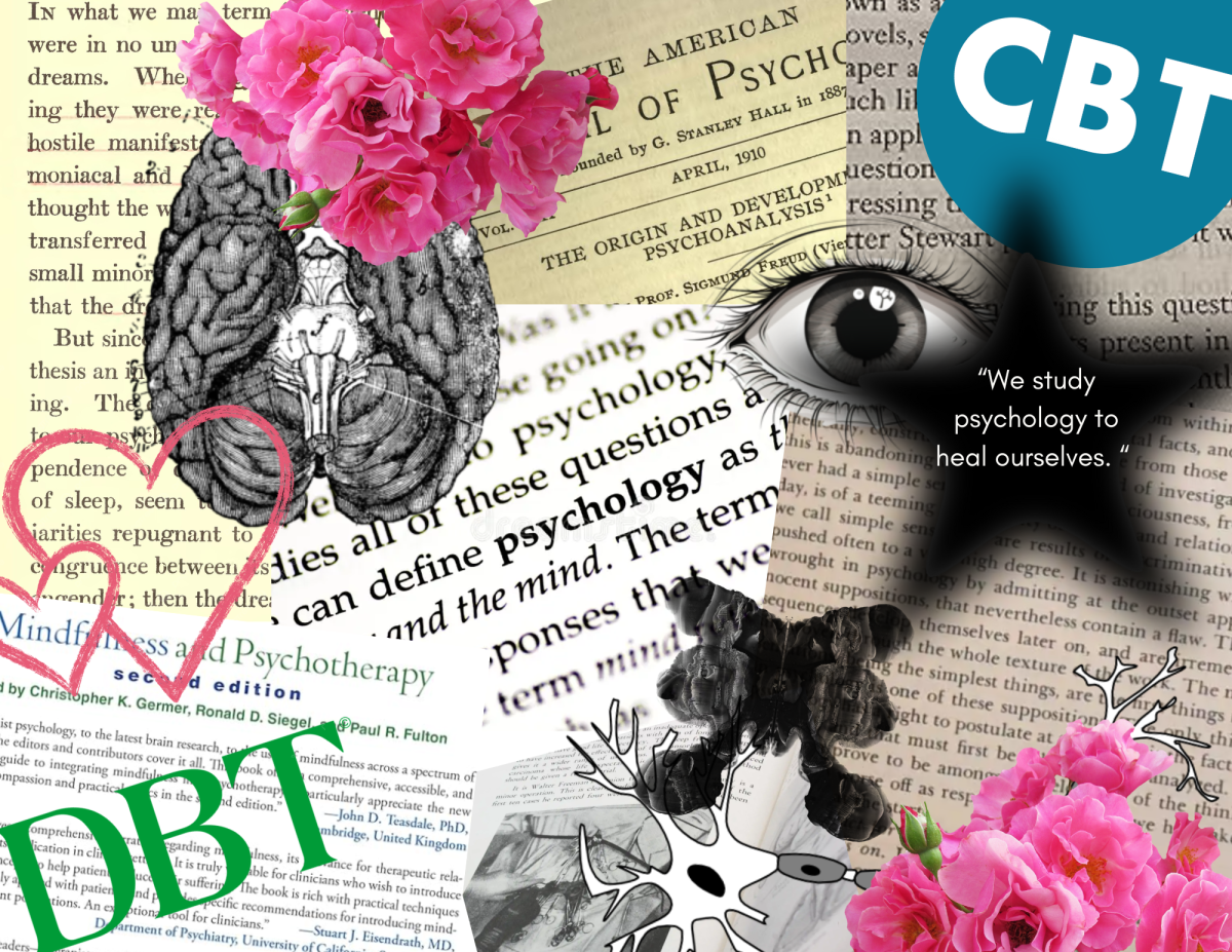 A collage with texts about psychology and psychotherapy, a brain diagram, an ink blot, and quote from The Silent Patient. 