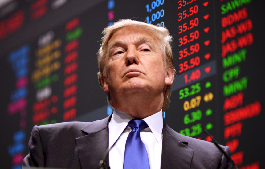 Donald Trump shown in front of a stock market chart. (Assets from: Canva, Gage Skidmore)