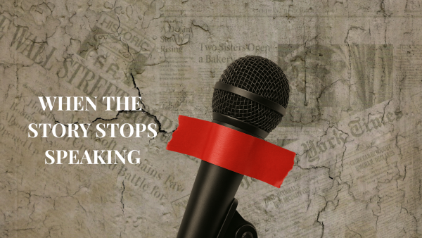 A microphone held down tightly by red tape, symbolizing censorship and the suppression of free speech.