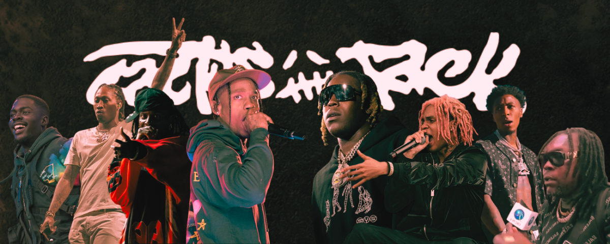 Collage featuring the artists on "Jackboys 2": Sheck Wes (far left), Future (second from left), Playboi Carti (third from left), Travis Scott (fourth from left), Don Toliver (forth from right), SoFaygo (third from right), YoungBoy Never Broke Again (second from right), Vybz Kartel (far right).