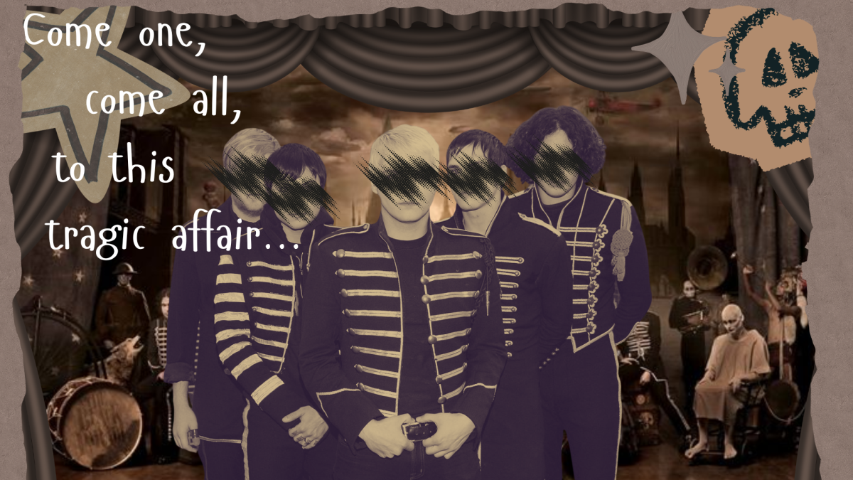 Collage of members of My Chemical Romance in their The Black Parade attire and faces crossed out. 
Pictured above: Bob Bryar (Far left) Frank Iero (left) Gerard Way (center) Mikey Way (right) Ray Toro (Far right)