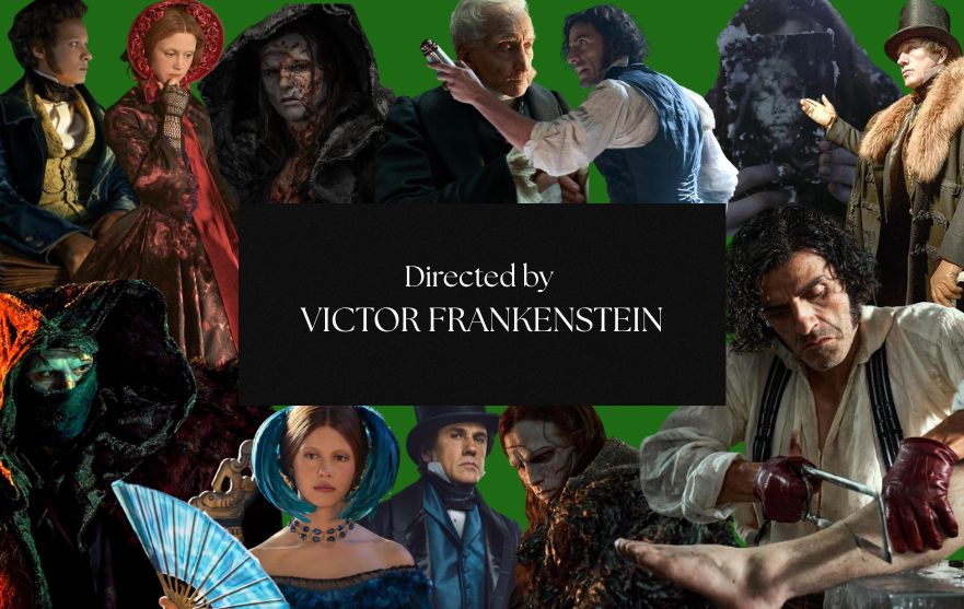 A collage depicting the many different lead characters of Guillermo del Toro's "Frankenstein."