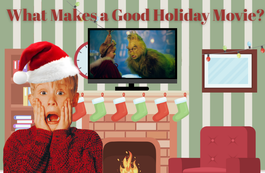 Keven from the movie “Home Alone” watching a TV show with “The Grinch” on it. 