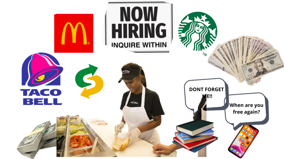 A collage of a food service employee and fast food business logos.