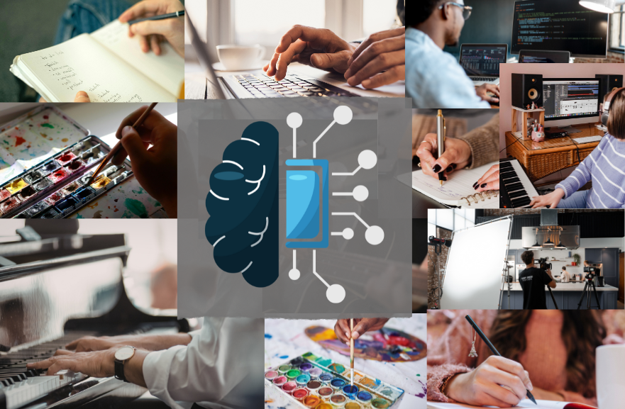 Collage of AI taking over jobs such as writing, art and music. 