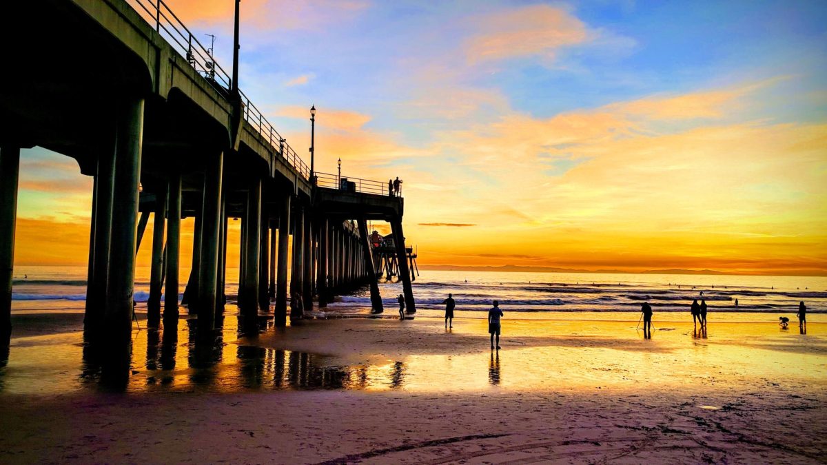 The Huntington Beach pier during sunset from the shoreline.