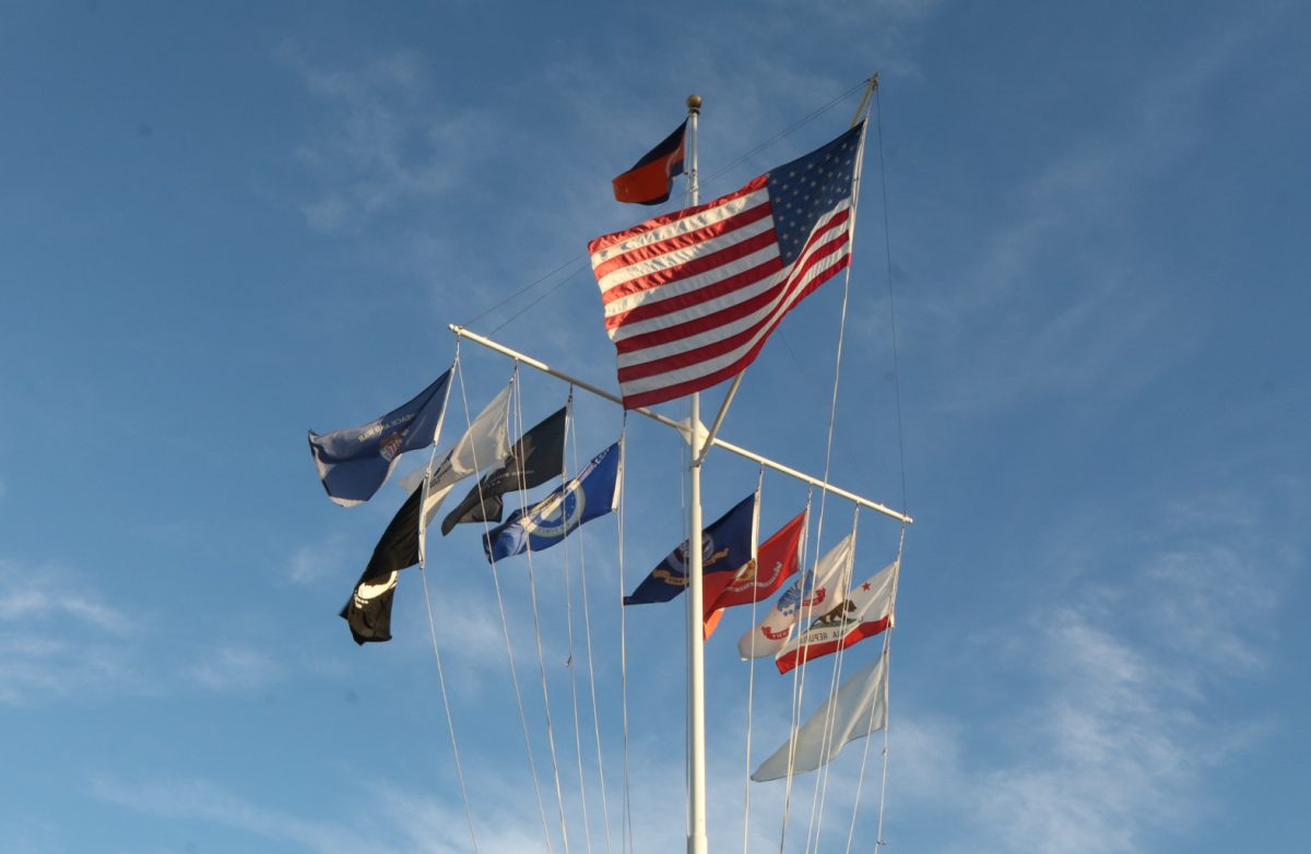 Flags in Orange Coast College's quad which resemble boat sails.