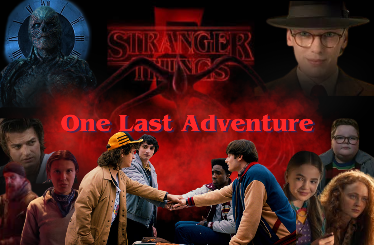 The Stranger Things characters surrounding the promotional words from season five, "One last adventure."