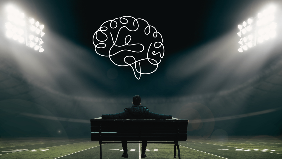 A lone athlete sits on an empty field beneath stadium lights, with an illustrated brain hovering above.
